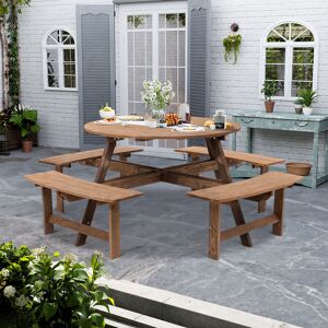 Livingandhome - 8 Person Round Wood Picnic Table and Bench Set