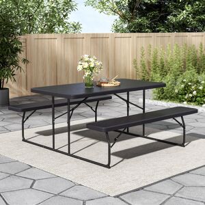 LIVINGANDHOME Black Foldable Picnic Table and Bench Set with Parasol Hole