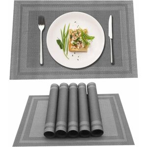 Placemats set of 6,Easy to Clean Non-slip Heat Resistant Dining Table Mats,Washable Crossweave Woven Vinyl pvc Place mats,45CM x 30CM - Gray - Norcks