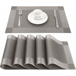 NORCKS Placemats set of 6,Easy to Clean Non-slip Heat Resistant Dining Table Mats,Washable Crossweave Woven Vinyl pvc Place mats,45CM x 30CM (Grey+Silver)