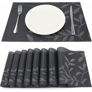 NORCKS Placemats Set of 8 Washable Heat Insulation Non-slip Woven Vinyl Place Mats for Kitchen and Dining Room （Black Leaf） - Black