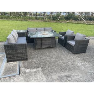 Fimous - 8 Seater Outdoor Rattan Garden Furniture Gas Fire Pit Table Sets Gas Heater Lounge Chairs Dark Grey