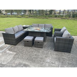 Fimous - 10 Seater Outdoor Rattan Garden Furniture Gas Fire Pit Table Dining Set Gas Heater Lounge Chairs Small Footstools Dark Grey