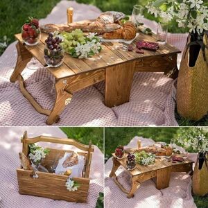 ALWAYSH Outdoor Foldable Wooden Picnic Basket, Portable Wine Picnic Table, 2 in 1 Picnic Table, Convertible Wooden Storage Basket for Outdoor or Indoor