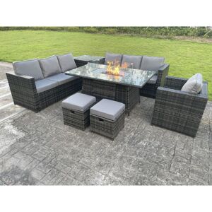 Fimous - Outdoor Rattan Garden Furniture Gas Fire Pit Dining Table Gas Heater Sets Lounge Chairs Small Footstools Dark Mixed Grey 9 Seater