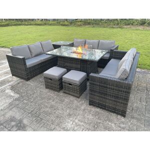 Outdoor Rattan Garden Furniture Gas Fire Pit Dining Table Gas Heater Sets Side Table Small Footstools Dark Mixed Grey 11 Seater - Fimous
