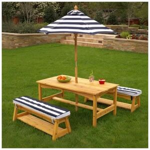 KIDKRAFT Outdoor Table and Bench Set with Cushions & Umbrella - Children's Furniture