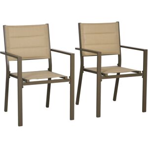 Outsunny - 2 PCs Dining Chairs, Stackable Design Aluminium Outdoor Armchairs Khaki - Brown