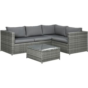 Outsunny 3Pcs Rattan Corner Sofa Set Coffee Table Garden Furniture w/ Cushion - Grey