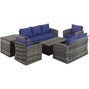 Outsunny - 6 pcs Patio Rattan Sofa Set Conversation Furniture with Storage Blue - Navy Blue