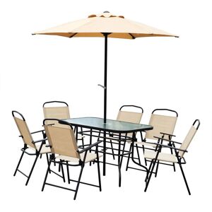 Outsunny - 8 Pieces Dining Set Furniture Foldable Chair Table Parasol Beige Garden - Beige, Black