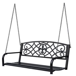 Outdoor Steel Fleur-De-Lis Porch Swing Garden Hanging Bench Black - Black - Outsunny