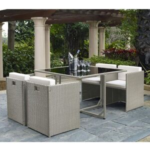 ECASA Paris Outdoor 4 Seater Light Grey Rattan Garden Dining Compact Cube Set With Square Dining Grey Tempered Glass - Light Grey