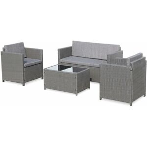 Sweeek - 4-seater polyrattan garden sofa set - sofa, 2 armchairs, coffee table - Perugia - Grey rattan, Grey cushions - Grey