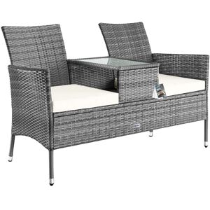 2-Seater Polyrattan Garden Loveseat Cinema Bench Table And Cushions Grey - Casaria