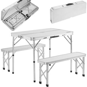 Casaria Portable Aluminium Camping Table & 2 Folding Benches with Case Feature White Grey White