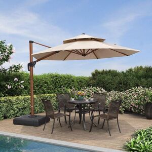 3.3 m Garden Cantilever Parasol, Large Round Patio Umbrella with Crank Handle and Tilt for Balcony and Outdoor, Wood Grain, Beige - Purple Leaf