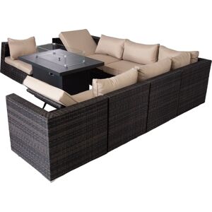 FURNITURE ONE Rattan 9 Piece Modular Outdoor Recliner Garden Sofa with Fire Pit Table Set - Mix Brown - Mix Brown