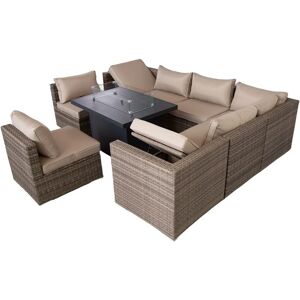 FURNITURE ONE Rattan 9 Piece Modular Outdoor Recliner Garden Sofa with Fire Pit Table Set - Nature - Natural