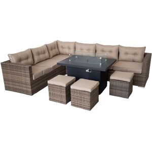 FURNITURE ONE Rattan Corner 9 Seater Rattan Garden Furniture Set, Gas Fire Pit Table Set - Nature - Natural