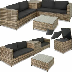 Tectake - Rattan Garden Furniture Set Siena 4 seats, 1 Table, 1 Chest - garden sofa, garden corner sofa, rattan sofa - nature/dark grey - nature/dark