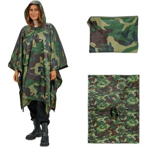Camouflage Rain Poncho, 3in1, with Hood, Long Raincoat, Unisex, Waterproof, Festival & Camping, Green/Brown - Relaxdays