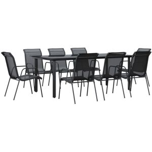 9 Piece Garden Dining Set Black Steel and Textilene - Royalton