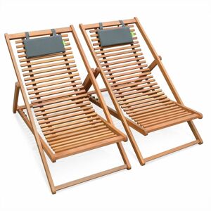 SWEEEK Set of 2 slatted wood deck chairs, deck chair in fsc eucalyptus and textilene with headrest cushion - Bilbao - Grey - Natural