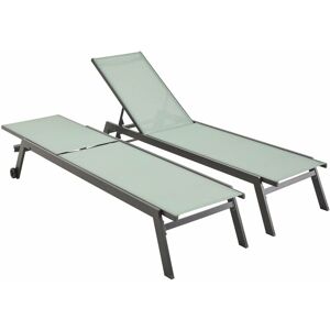 SWEEEK Pair of multi-position aluminium sun loungers with wheels - Elsa - Anthracite frame, Sage Green textilene fabric - Anthracite