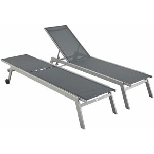 Sweeek - Pair of multi-position aluminium sun loungers with wheels - Elsa - Grey frame, Charcoal Grey textilene fabric - Grey