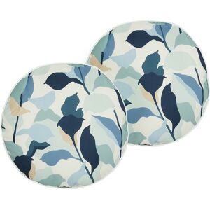 BELIANI Set of 2 Garden Cushions Outdoor Scatter Pillow ⌀40 cm Polyester Leaf Pattern Round Blue Veglino Fr. - Blue