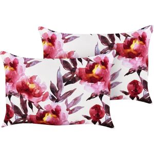 BELIANI Set of 2 Garden Cushions Outdoor Scatter Pillow 40 x 60 Rectangular Polyester Floral Pattern White and Pink Lanrosso - White