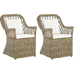 BELIANI Set of 2 Outdoor Indoor Natural Rattan Wicker Chairs Off-White Cushions Maros - Natural