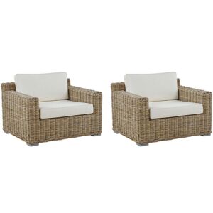 BELIANI Modern Set of 2 Rattan Garden Armchairs Wicker with White Cushions Ardea - Beige