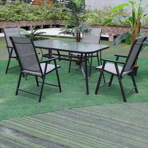 LIVINGANDHOME Set of 5 Garden 120CM Ripple Glass Rectangle Umbrella Table and Folding Chairs Set, Black