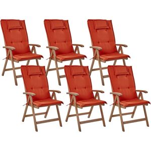 Beliani - Set of 6 Rustic Garden Chairs Natural Acacia Wood Adjustable Foldable with Armrests Dark Wood Red Cushions Amantea - Dark Wood