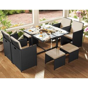 Vasagle - Garden Furniture Set Dining Table and Chairs, Set of 9 pe Rattan Outdoor Patio Furniture, Dining Furniture, Glass Top Coffee Table, with