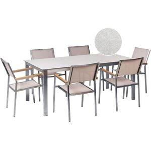 BELIANI Stainless Steel Modern 6 Seater Garden Dining Set Table Glass Top Textilene Chairs White and Beige Cosoleto - White