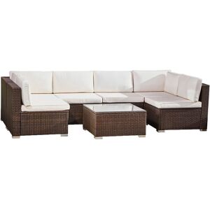 Outdoor Garden Lounge Set, 7 Piece Rattan Garden Furniture Set, Large Garden Corner Sofa, Tempered Glass Tabletop - Brown/Cream - Brown - Teamson Home