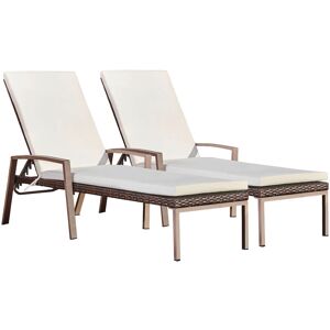Teamson Home - Set of 2 Outdoor Garden Sun Lounger Chairs, Rattan Garden Chairs, With Cushions, Height Adjustable, Brown/Cream - 193 x 59.7 x 30.5