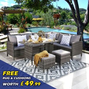 CHALKDALE Thalia-Garden Corner Sofa Dining Set - Weather-proof Rug and Cushions- 9 Seater - Grey