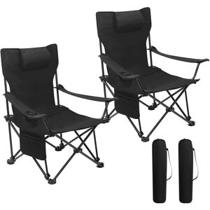 2x Folding Camping Chair with Carrying Bag and Storage Pocket Black - Woltu