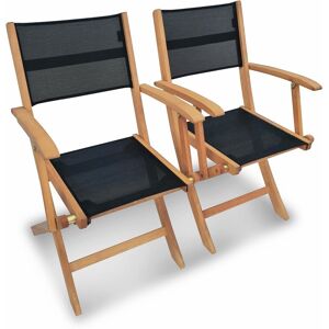 SWEEEK Wood and textilene garden armchairs - 2 oiled FSC Eucalyptus and textilene folding armchairs - Almeria - Black - Black