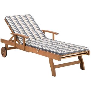 Beliani - Garden Sun Lounger Acacia Wood Reclining with Castors Blue Beige Cushion Java - Light Wood