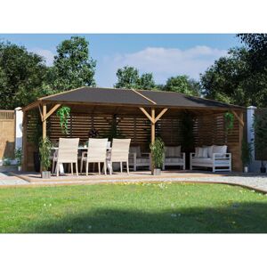 DUNSTER HOUSE LTD. Wooden Gazebo Kit Louvre Walled Pressure Treated Garden Shelter Roof Shingles Utopia 6m x 3m