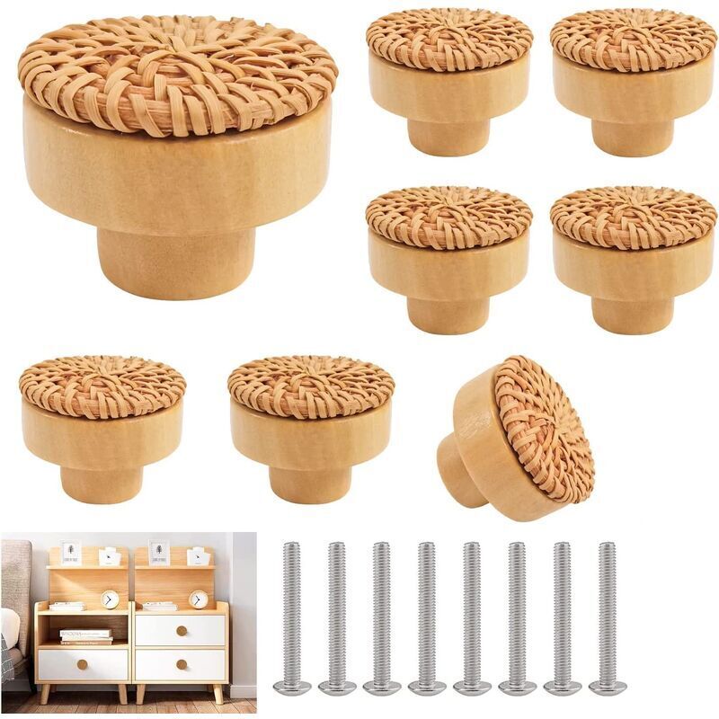 DENUOTOP 8 Pièces Bouton Cuisine De Placard En Rotin Poignée De Meuble Cuisine Boutons De Porte Meuble Tiroir Placard, Tiroir Enbois Ronds Pour Cusine Chambre