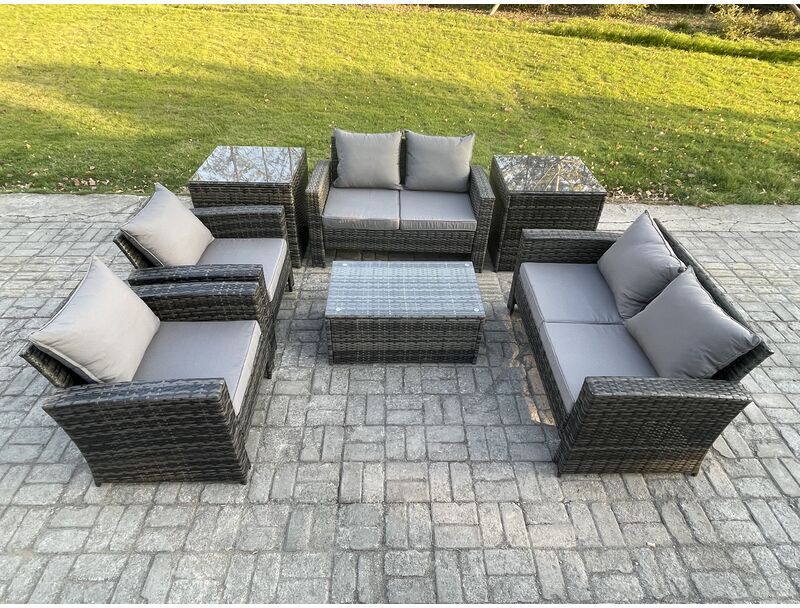 Garden Furniture Sets 7 Pieces Outdoor Rattan Furniture Manual Wicker Patio Sofa Chair Set with Coffee Table 2 Side Tables Dark Grey Mixed - Fimous