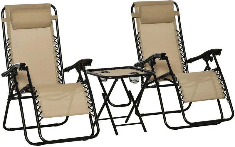 Outsunny - 3PC Zero Gravity Chairs Sun Lounger Table Set w/ Cup Holders Beige - Beige