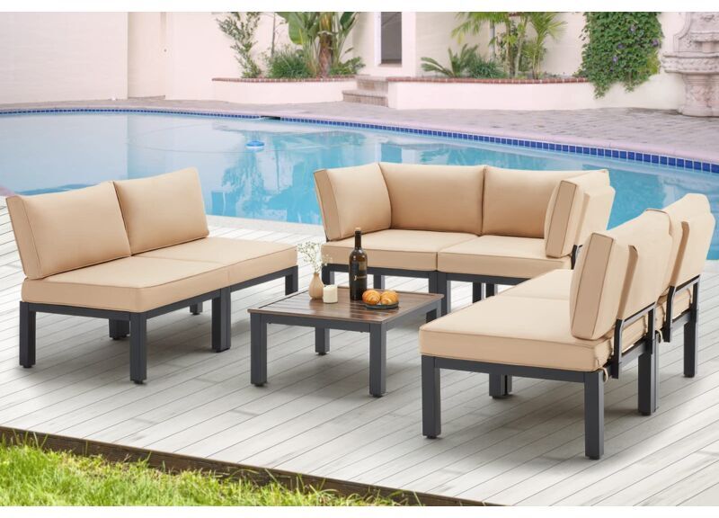 YODOLLA Outdoor Patio Furniture Set, Metal Patio Sectional Conversation Sofa, Black Wrought Iron Outdoor Furniture Sets Clearance with Beige Cushions