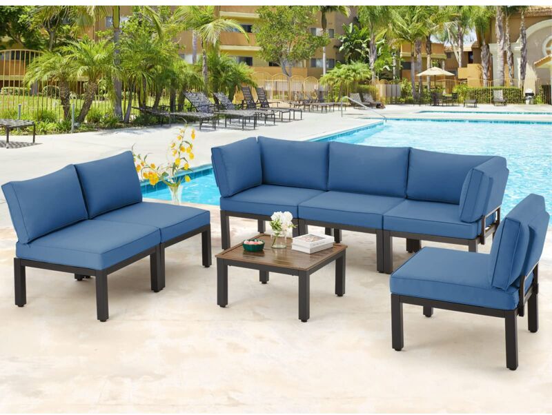 YODOLLA Outdoor Patio Furniture Set, Metal Patio Sectional Conversation Sofa, Black Wrought Iron Outdoor Furniture Sets Clearance with Dark Blue Cushions